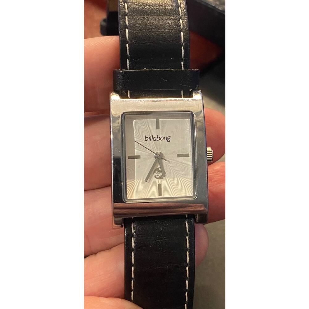 Women's 24mm Silver Tone Billabong Watch, Black Leather Strap